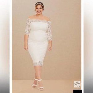 NWT Torrid Special Occasion Ivory Lace Off Shoulder Body Con Dress Midi Wedding